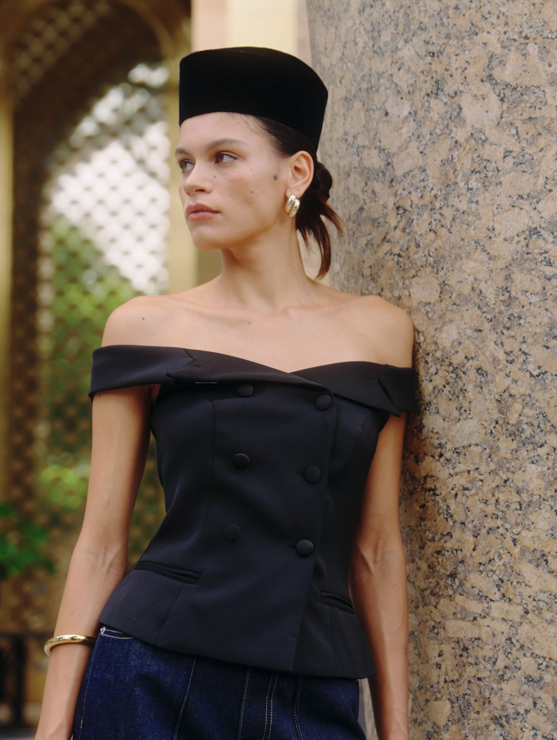 pomelo VERSE Double Breasted Off-Shoulder Blouse - Black