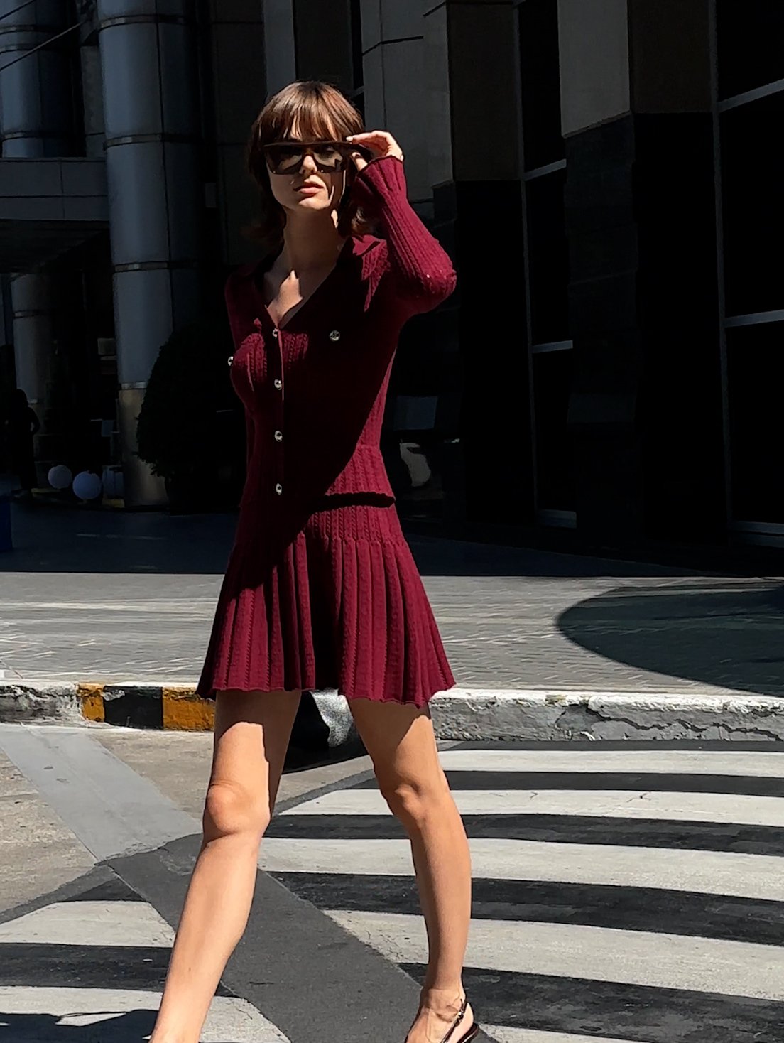 Cable-Knit Button-Up Dress – Red