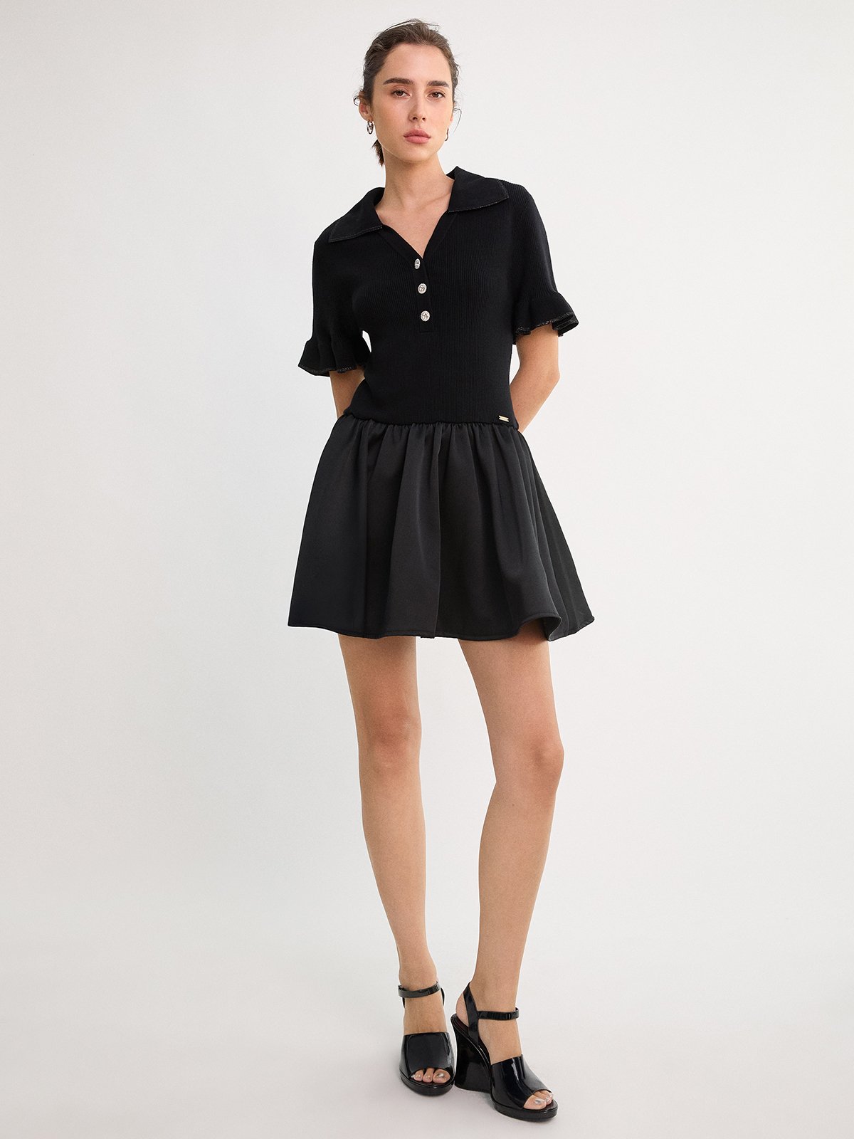 Flare Skirt Polo Knit Mini Dress - Black - Pomelo Fashion